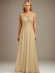 Burgundy A-line V Neck Floor-Length Lace Chiffon Mother of the Bride Dresses
