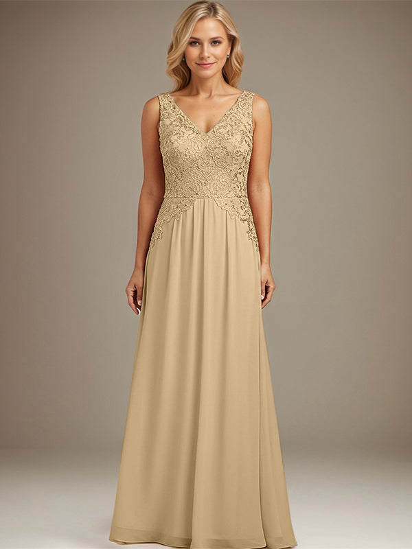 Burgundy A-line V Neck Floor-Length Lace Chiffon Mother of the Bride Dresses
