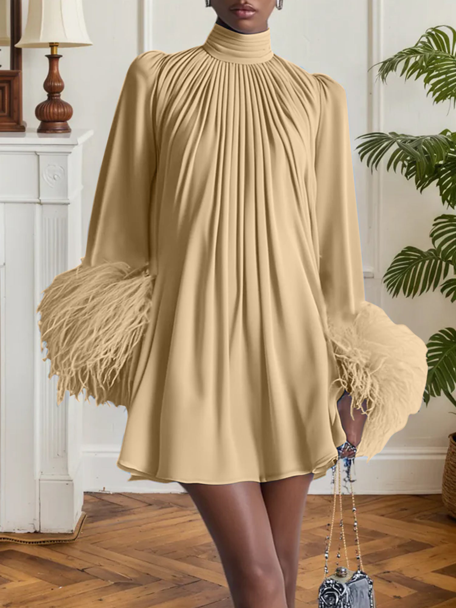 Blue Feather Ruched Chiffon Mock Neck Long Sleeve A-Line Mini Dress