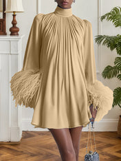 Blue Feather Ruched Chiffon Mock Neck Long Sleeve A-Line Mini Dress
