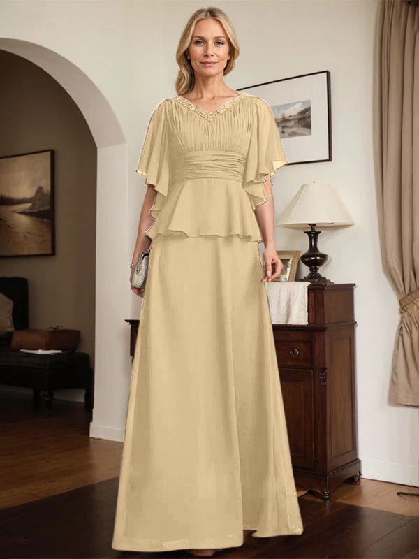 A-line V-Neck Floor-Length Chiffon Mother of the Bride Dress With Pleated Beading