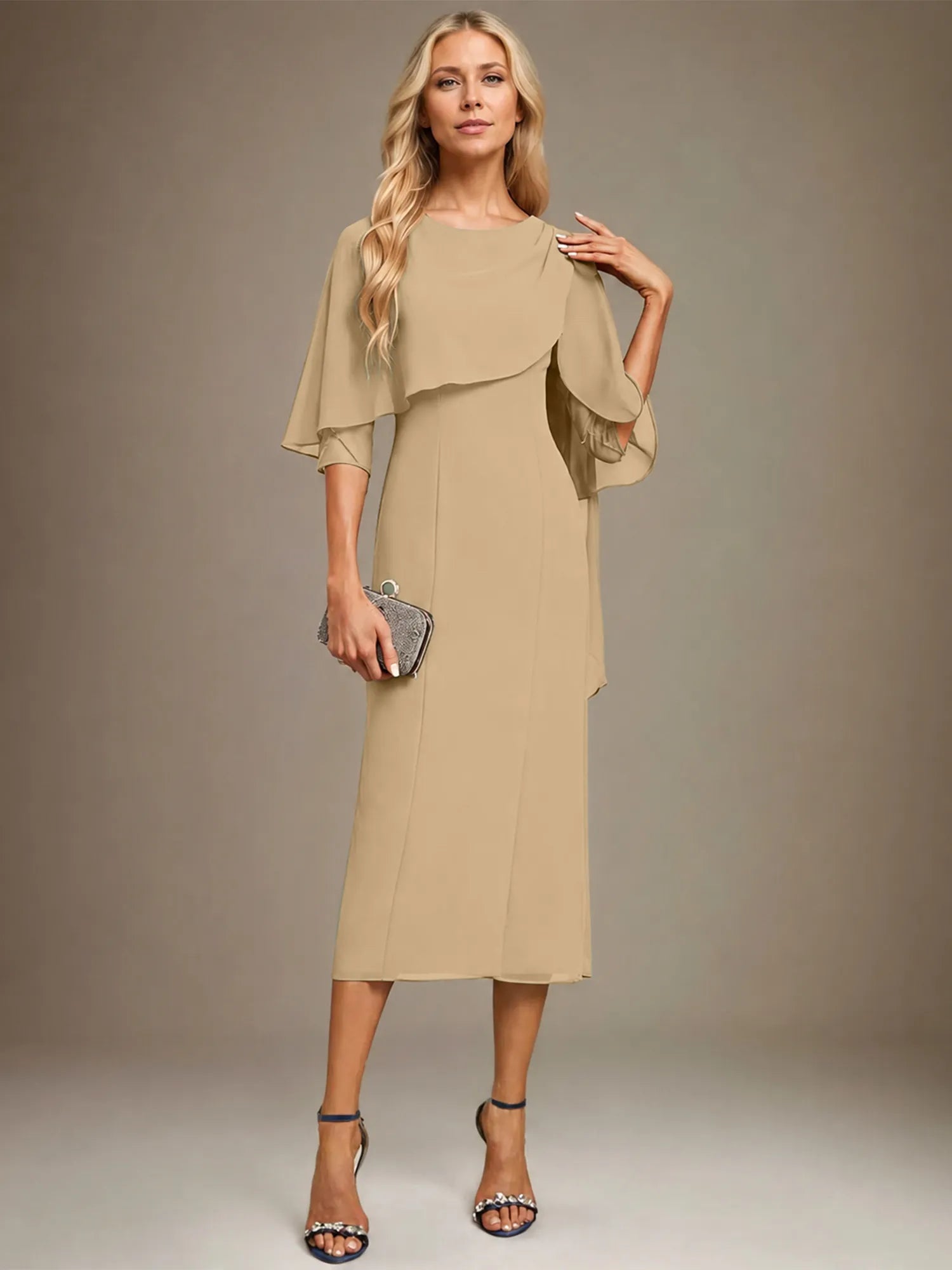 Column Scoop Tea Length Chiffon Dress With Pleated Beading