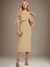 Sheath/Column Scoop Tea Length Chiffon Dress With Pleated Beading