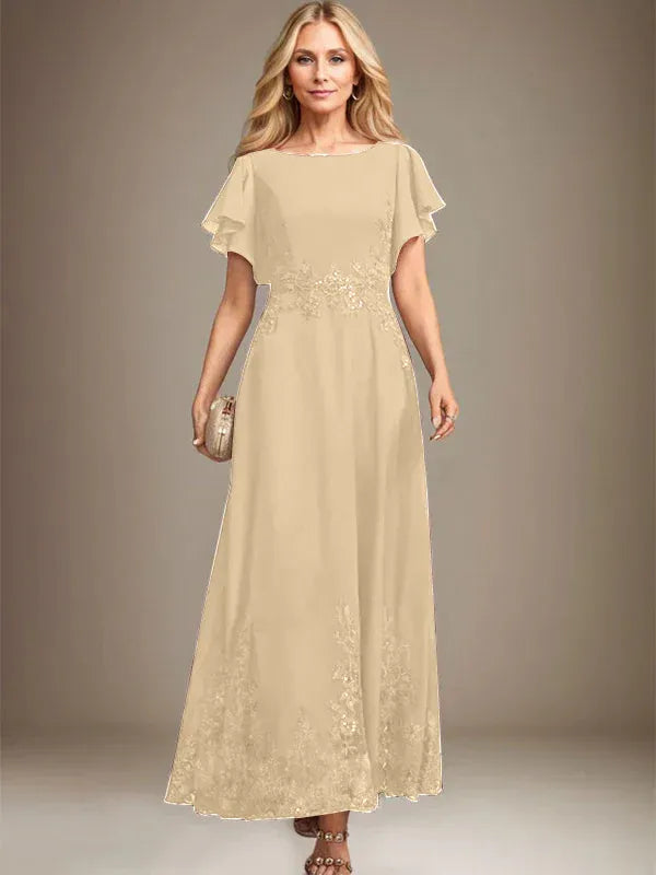 Robe de mère de la mariée trapèze en mousseline de soie et dentelle, longueur cheville, avec paillettes 