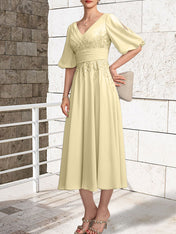 A-line V-Neck Tea-Length Lace Chiffon Mother of the Bride Dress With Pleated