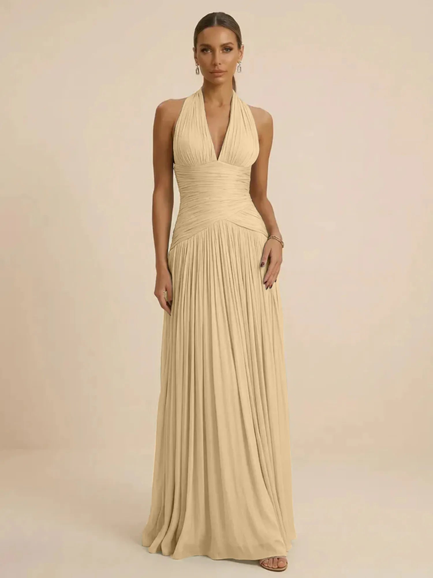 Sage Green Halter Neck Pleated Chiffon Evening Gown with Ruched