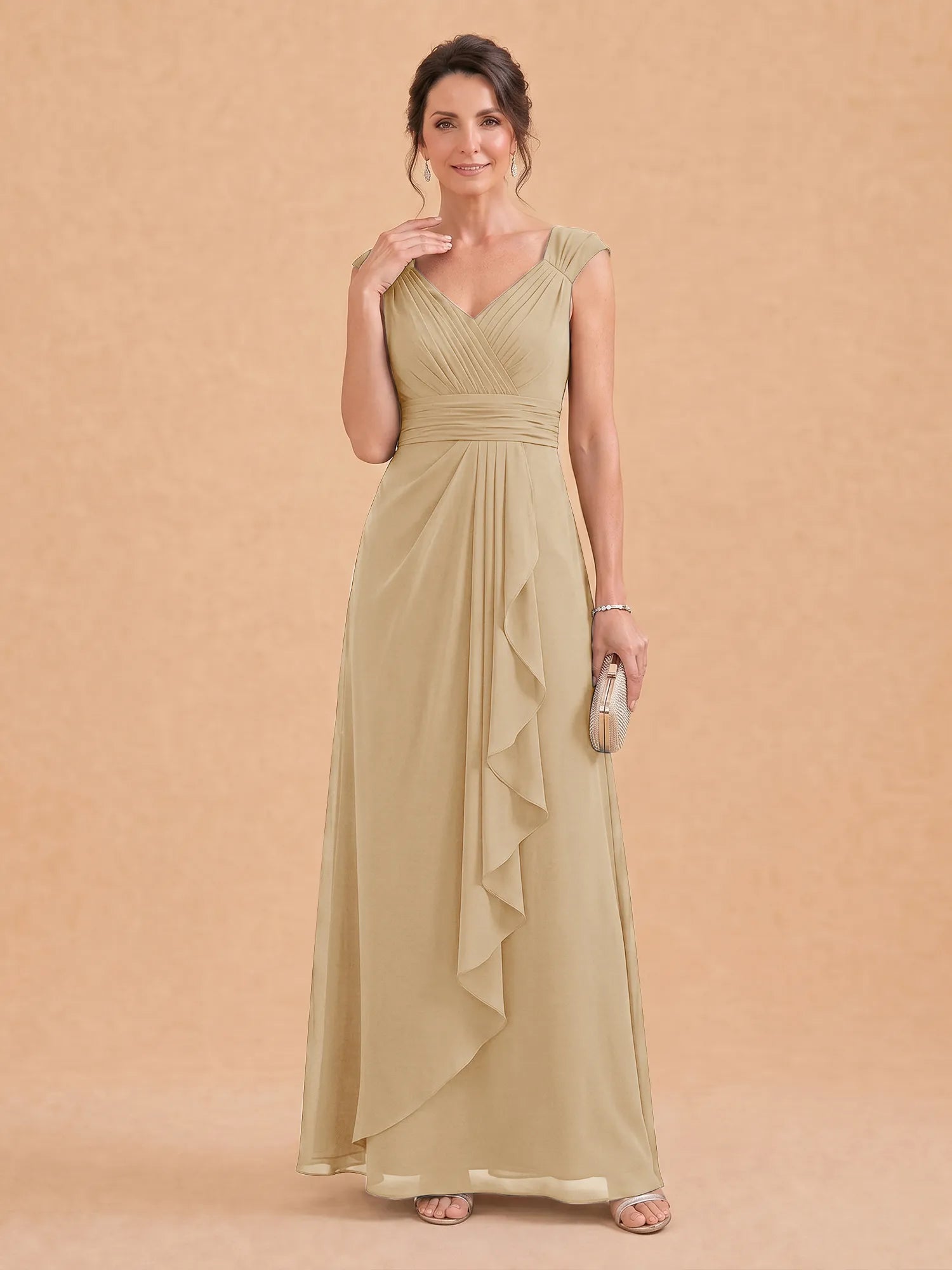 V-Neck Ruched Chiffon A-Line Mother of the Bride Dress with Cascading Ruffle