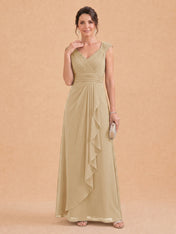 V-Neck Ruched Chiffon A-Line Mother of the Bride Dress with Cascading Ruffle
