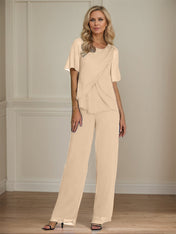 2 Piece Jumpsuit / Pantsuit Crew Neck Floor Length Chiffon Mother of the Bride Dress