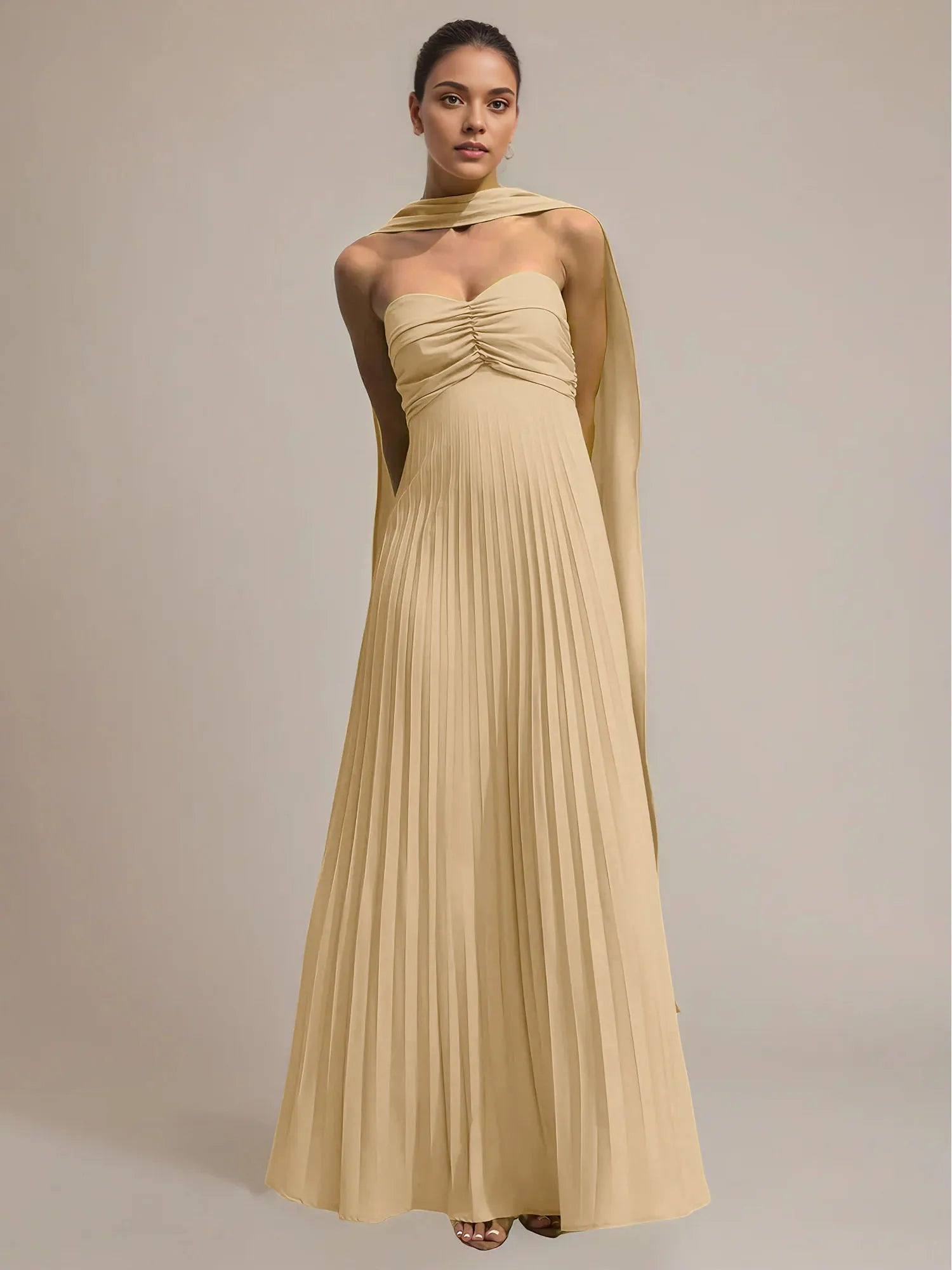 Green Chiffon A Line Off The Shoulder Sleeveless Floor Length Pleated Dress