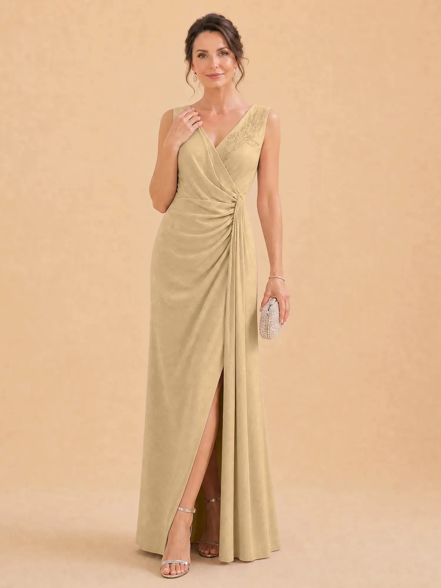 V-Neck Faux-Wrap Evening Gown with Side Draping Mother of The Bride Dresses