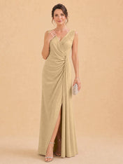 V-Neck Faux-Wrap Evening Gown with Side Draping Mother of The Bride Dresses