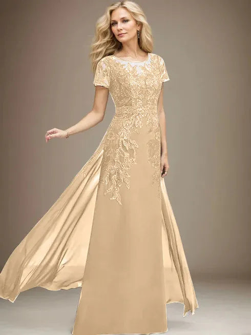 Column Scoop Illusion Floor-Length Lace Chiffon Mother of the Bride Dress With Sequins