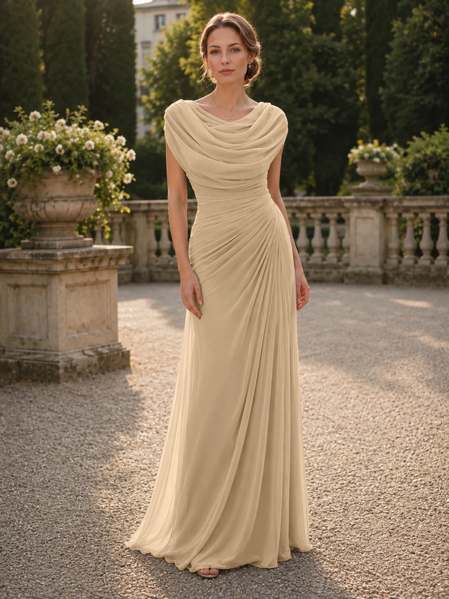 Cowl Neck Mermaid Evening Dresses with Flowing Floor-Length Skirt