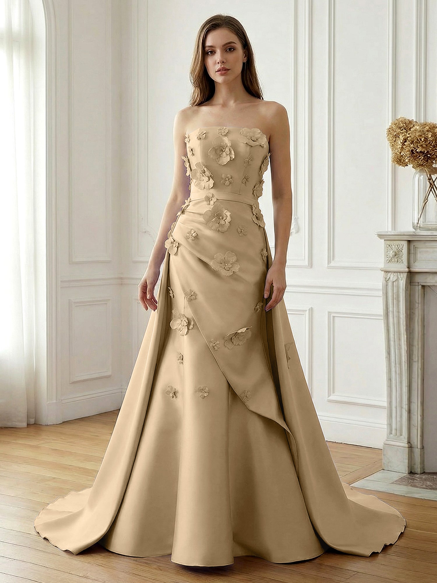 Lavender Satin 3D Floral Strapless A-Line Gown