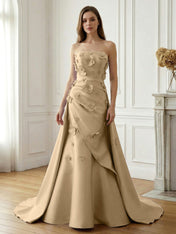 Lavender Satin 3D Floral Strapless A-Line Gown