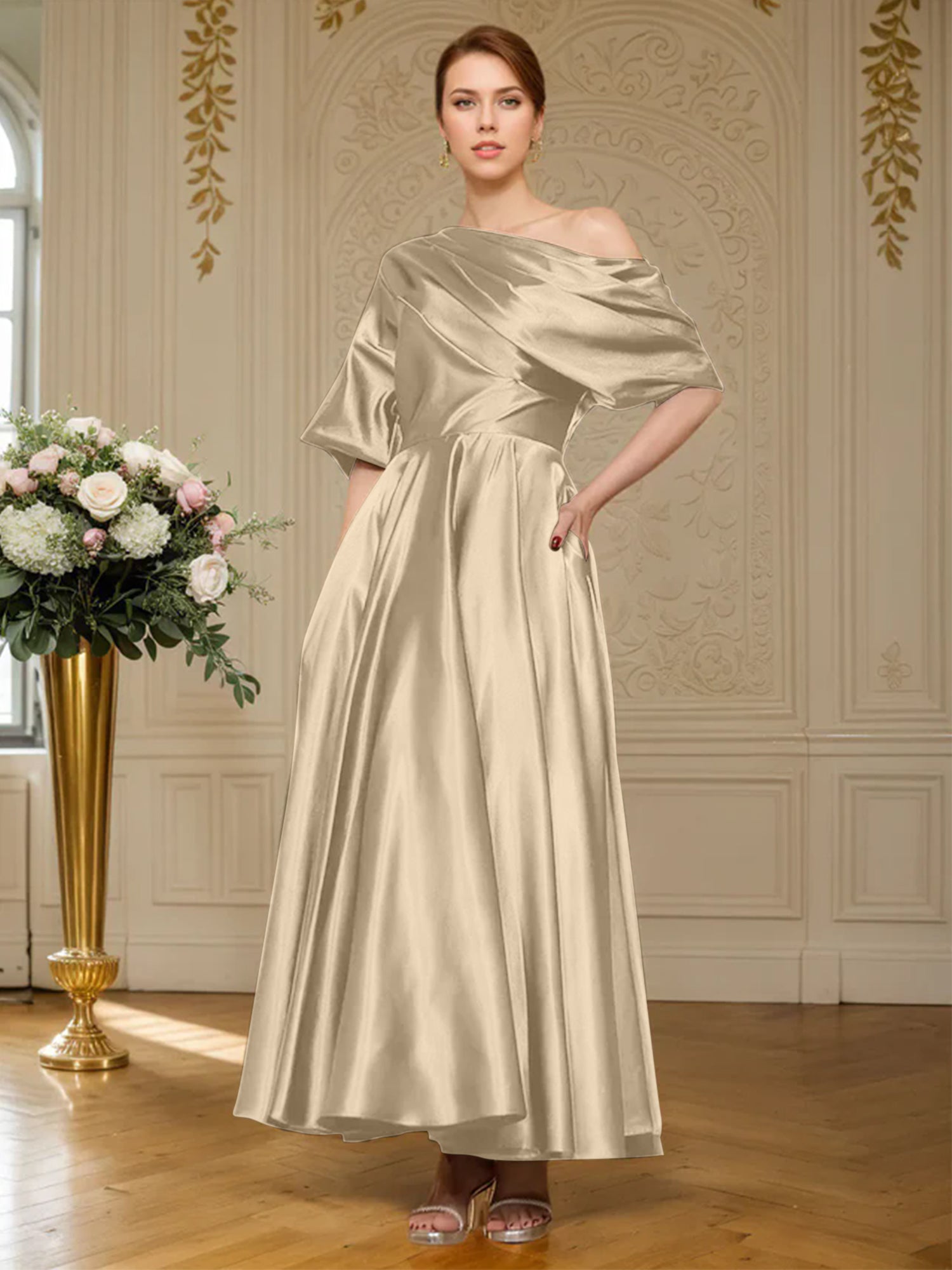 A-line Short Sleeves Pleated Ankle-Length Silk like Satin Mother of the Bride Dress