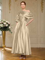 A-line Short Sleeves Pleated Ankle-Length Silk like Satin Mother of the Bride Dress