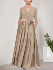 Surplice Neckline Ballgown with Full Satin Skirt & Jersey Bodice