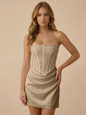 White Strapless Sequin Beaded Satin Short Homecoming Dress with Corset