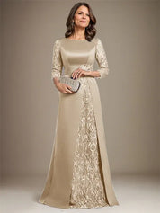 Robe de mère de la mariée en satin et dentelle, coupe trapèze, longueur au sol, avec appliques 