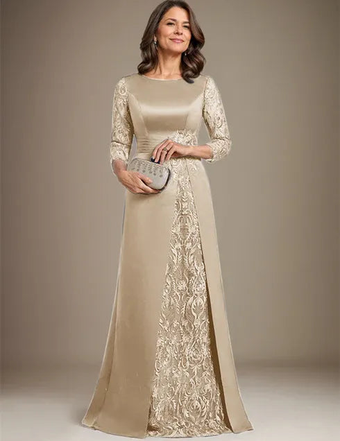 Robe de mère de la mariée en satin et dentelle, coupe trapèze, longueur au sol, avec appliques 