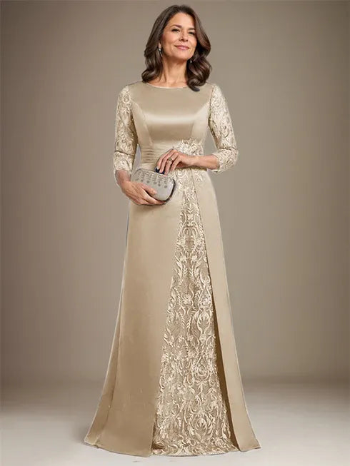 Robe de mère de la mariée en satin et dentelle, coupe trapèze, longueur au sol, avec appliques 