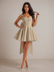 A-Line Square Neck Pleated Mini Homecoming Dress with Bow