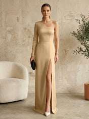 Long Sleeves Black One Shoulder Formal Dress Evening Gown