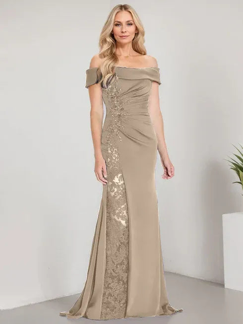 A-Line Off the Shoulder Floor-Length Mother of the Bride Dress Applique Beadings Mermaid Dress With  High Split