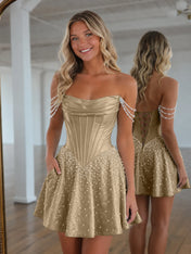 Strapless Pearl Draped Corset A-Line Short Homecoming Dresses