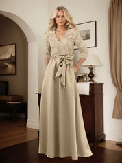 Classic V-Neck Bow Accented Satin Mother Of The Bride Dress With Lace