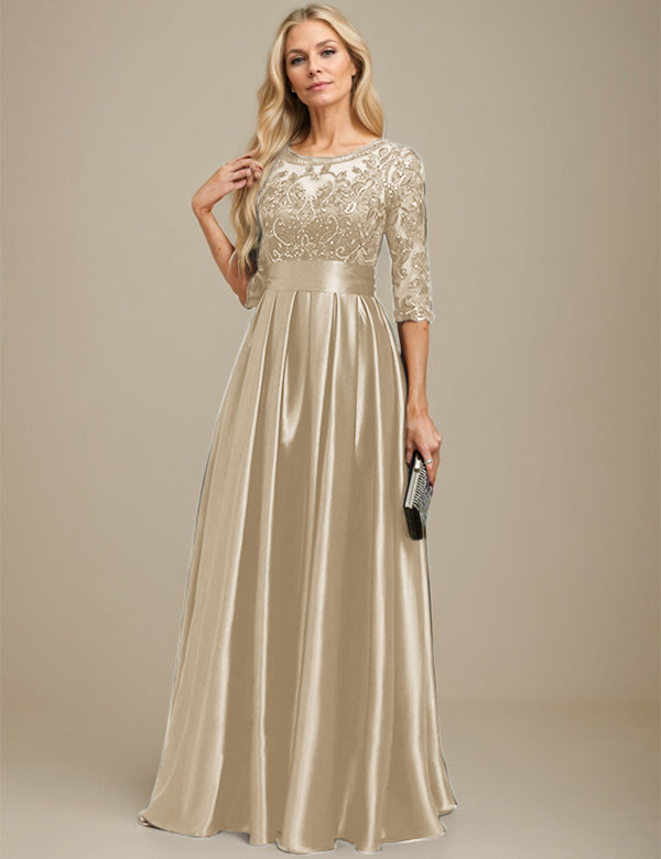 A-line Scoop Illusion Floor-Length Stretch Satin Lace Mother of the Bride Dress With Bow Sequins
