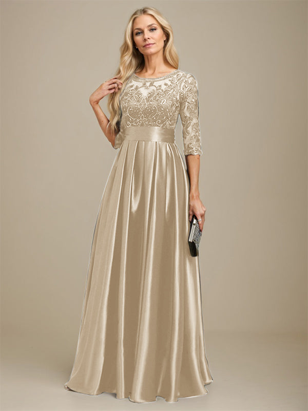 A-line Scoop Illusion Floor-Length Stretch Satin Lace Mother of the Bride Dress With Bow Sequins