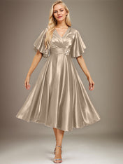 A-line V-Neck Tea-Length Stretch Satin Mother of the Bride Dress With Beading Pleated