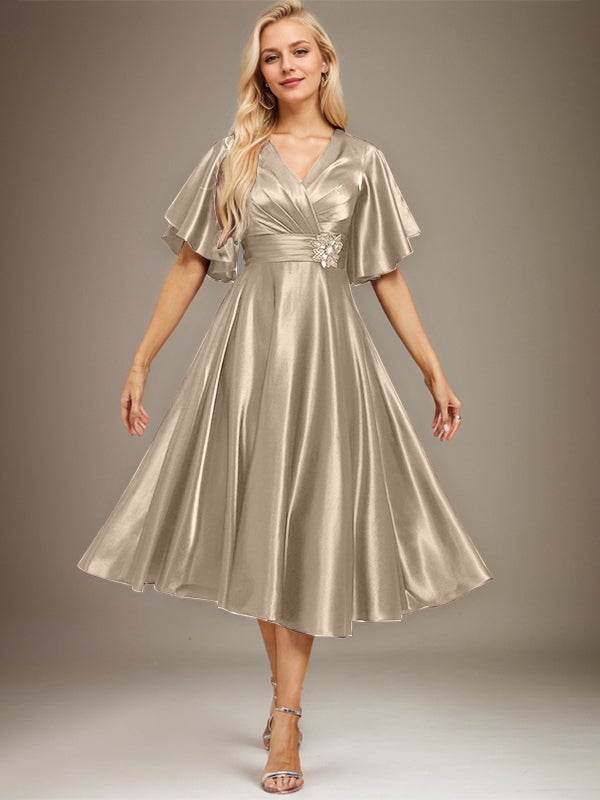 A-line V-Neck Tea-Length Stretch Satin Mother of the Bride Dress With Beading Pleated
