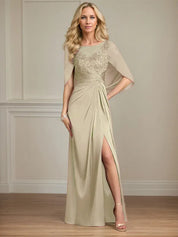 Sheath/Column Satin Scoop Neck Cap Sleeves Floor Length Mother Of The Bride Dresses