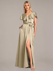 A Line Satin V Neck Short Sleeves Floor Length Dresses With Ruffles