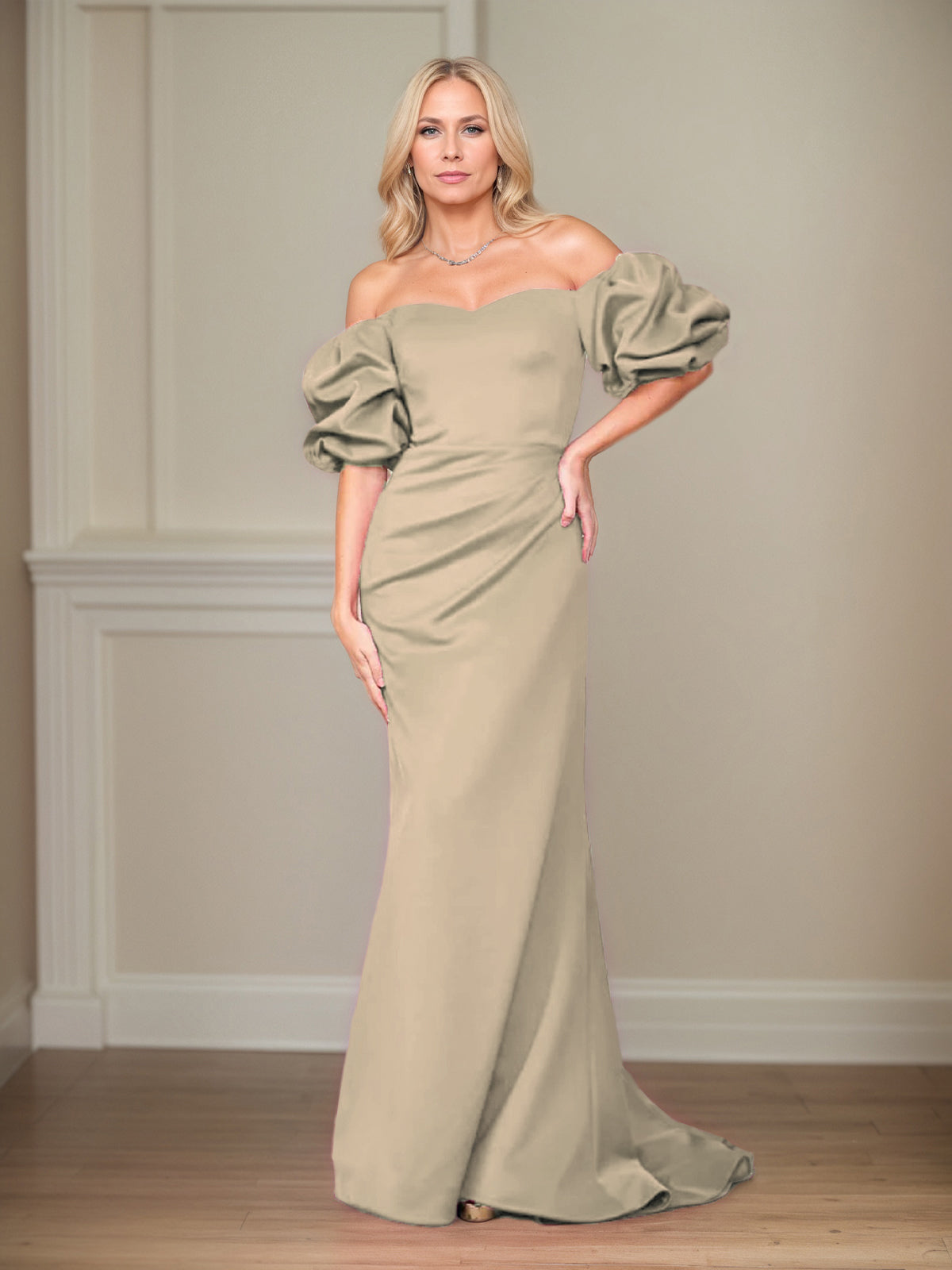 Column Off The Shoulder Puff Sleeves Floor Length Mother of the Bride Dresses