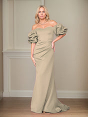 Satin Sheath/Column Off The Shoulder Puff Sleeves Floor Length Mother of the Bride Dresses