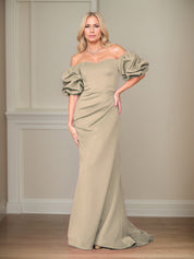 Satin Sheath/Column Off The Shoulder Puff Sleeves Floor Length Mother of the Bride Dresses