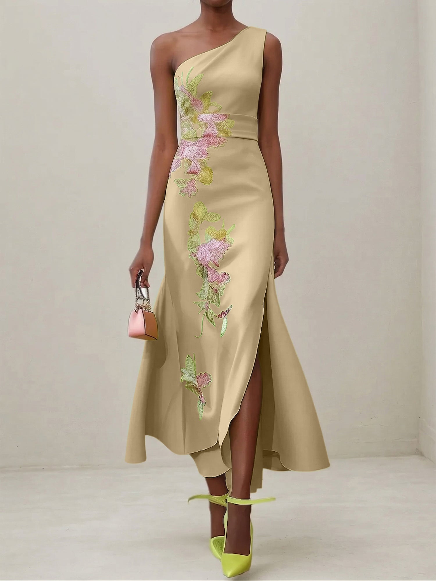 Green Floral One Shoulder Embroidered Cap Sleeve Slit Sheath Maxi Dress