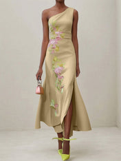 Green Floral One Shoulder Embroidered Cap Sleeve Slit Sheath Maxi Dress