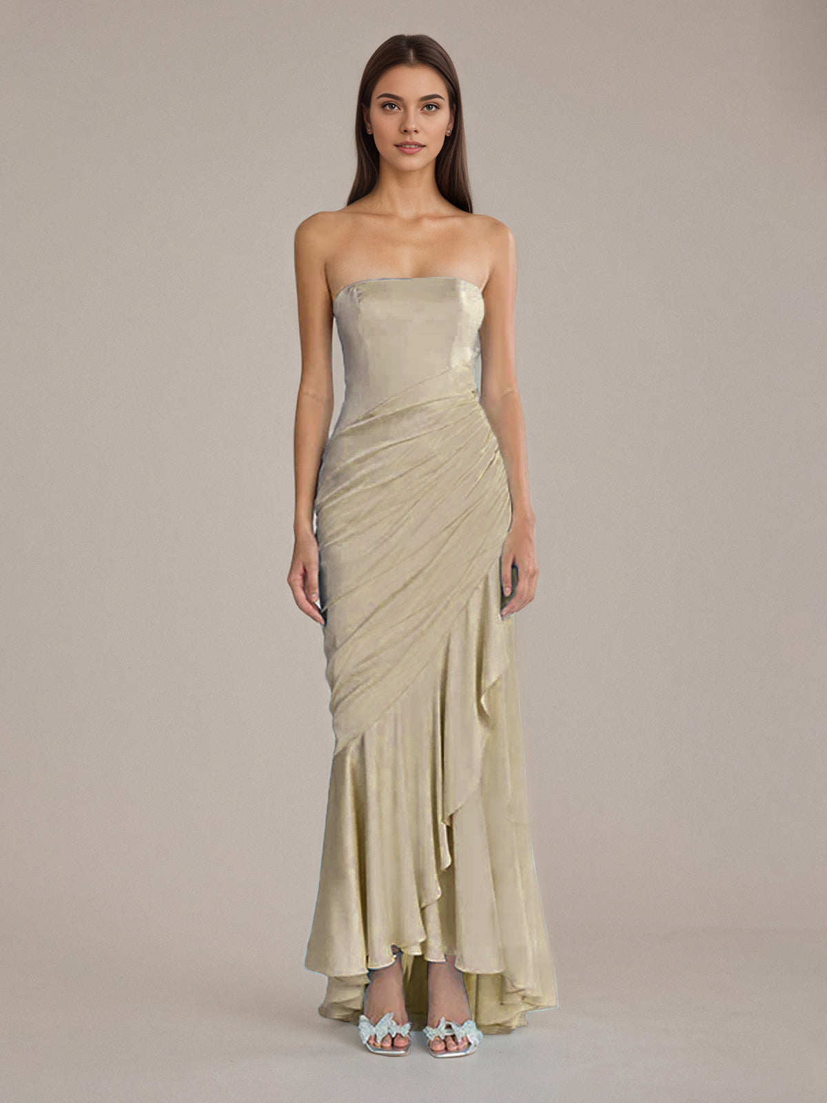 Column Satin Off The Shoulder Sleeveless Floor Length Dresses With Ruffles