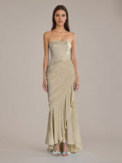 Sheath/Column Satin Off The Shoulder Sleeveless Floor Length Dresses With Ruffles