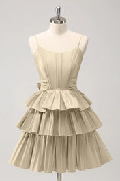 A Line Spaghetti Straps Corset Tiered Ruffle Homecoming Dress with Bow