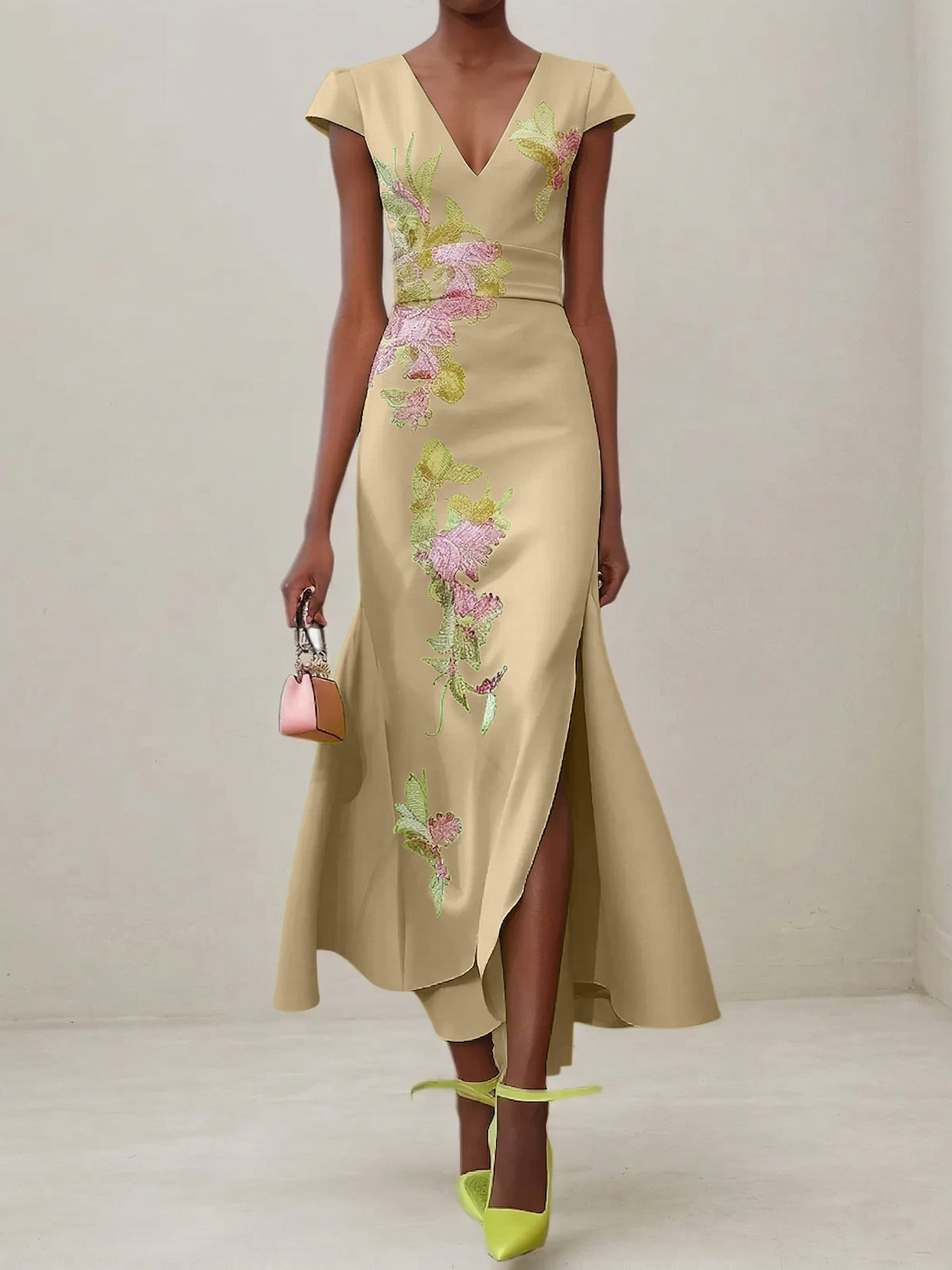 Green Floral V Neck Embroidered Cap Sleeve Slit Sheath Maxi Dress