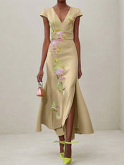 Green Floral V Neck Embroidered Cap Sleeve Slit Sheath Maxi Dress