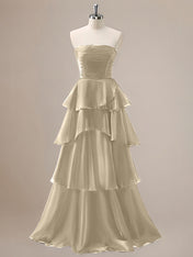 Red A Line Strapless Pleated Tiered Floor Length Ruffle Bridesmaid Dress