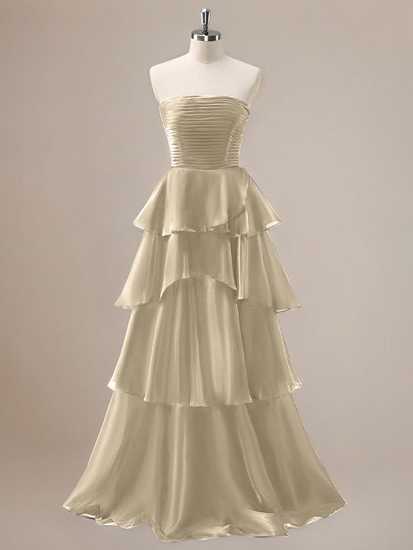 Red A Line Strapless Pleated Tiered Floor Length Ruffle Bridesmaid Dress